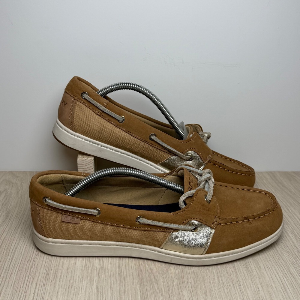 Boat Shoes Sperry Womens 8.5 Tan Metallic Gold Crest Leather Loafers